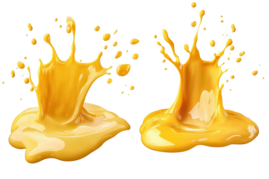 Bright yellow drops and splashes create dynamic patterns on a white surface in a lively artistic expression of motion and fluidity
