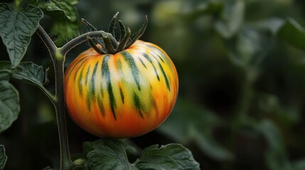 Vibrant, striped tomato on vine