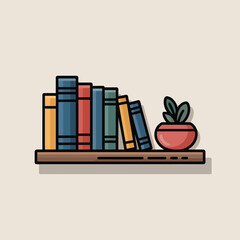 Colorful books and plant on wooden shelf vector illustration reading and education concept decorative home interior design elements