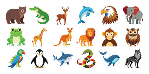 Collection of cute cartoon animals isolated on white background