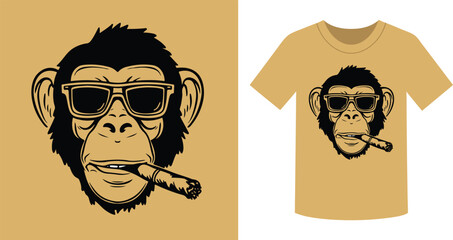 Monkey with sunglasses and cigar on shirt design concept