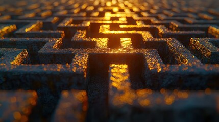 Golden light illuminating textured stone labyrinth path
