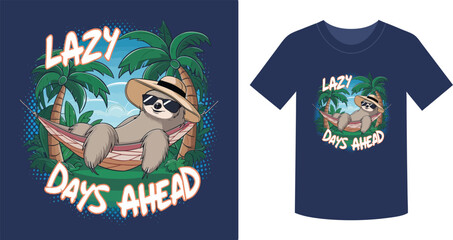 Sloth relaxing in hammock on t shirt design illustration