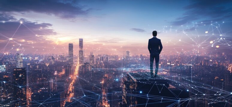 Businessman standing on a rooftop overlooking a modern city at sunrise, with digital network connections overlaid