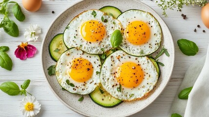 Fried eggs on cucumber slices, breakfast plate