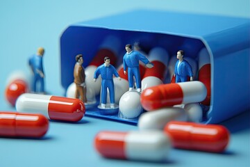Miniature figures on pills in a blue plastic container