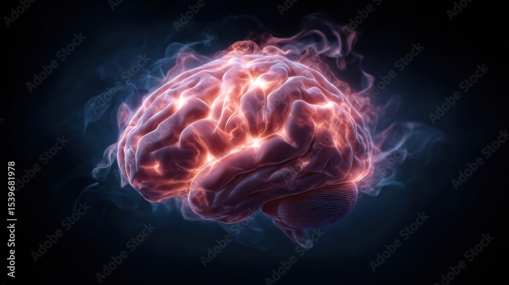 Poster Overheated Brain Symbol Glowing With Soft Gradients in a Dark Background Representing Stress and Mental Overload