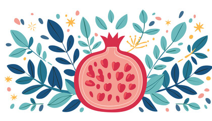 pomegranate orange in bright colors. Modern naive groovy interior painting. leaf, illustration, pattern, pomegranate, vector, background, food, fruit, colourful, colours, doodle, graphic, harvest,