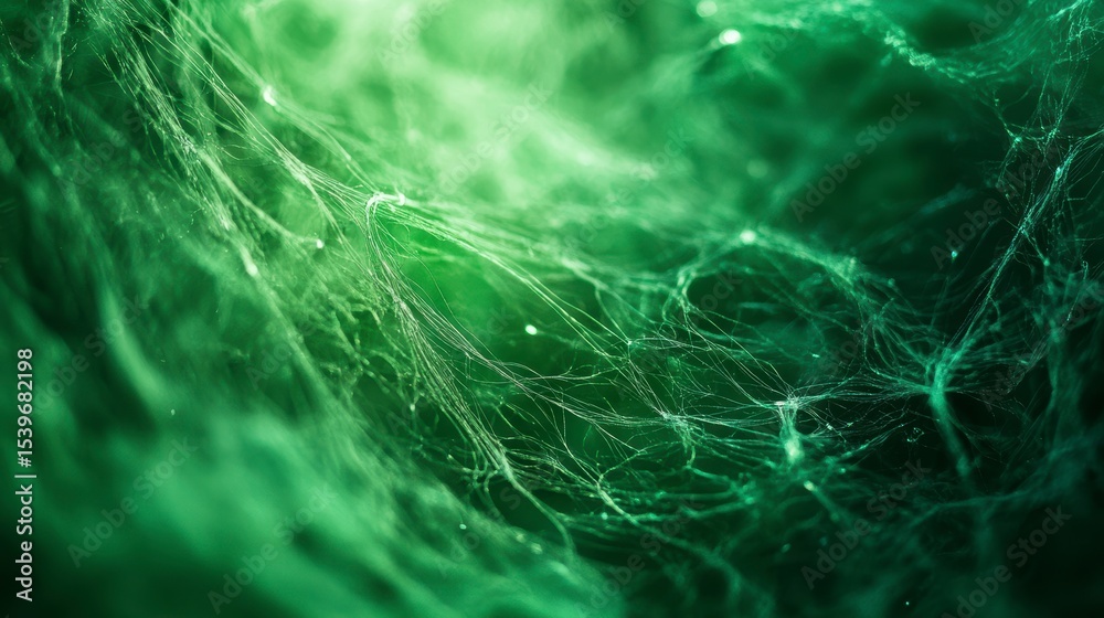 Poster abstract green network texture with glowing particles and fibers.