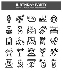 Birthday Party Icons. 25 Festive Celebration Vector Line Icons