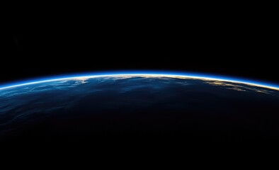 Earth's curve against a black void.  A  horizon view of planet Earth from space, showing a vibrant blue and light gold edge