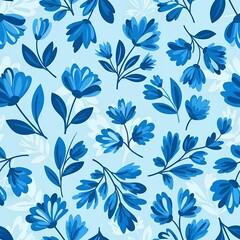 Fototapeta premium Spring botanical seamless pattern with abstract blue flowers. Vector flat blossom background