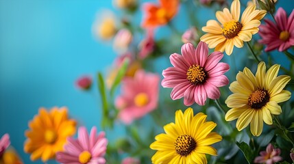 a bunch of colorful flowers on a blue background