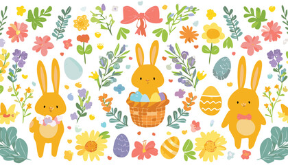 Collection cute elements for Easter. Hand drawn bunnies, bows, flowers and herbs, chicken, floral decoration, egg basket, Easter eggs. Spring lovely stickers. Vector.children, rabbit, flower, drawing,