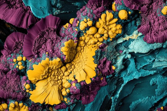 Abstract macro view of vibrant, textured patterns in deep purple, teal, and gold.  Clusters of organic forms, resembling flowers or crystals, emerge from a textured surface