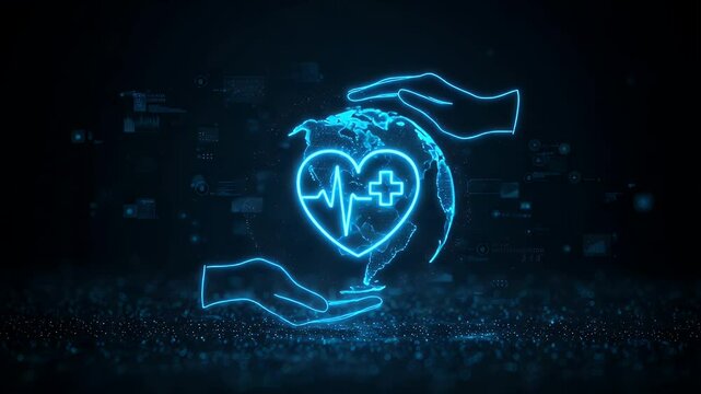 Global health care. Two hands protecting a heart-shaped Earth