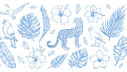Set of tropical leaves, flowers and wild animal, birds drawing blue ink. Abstract palm, leopard, banana leaf, hibiscus, parrot, exotic plants, plumeria. Minimalist line sketch. Vector.palm, jungle, 