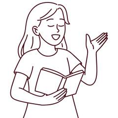Line drawing of a happy young woman reading a book and smiling, conveying a peaceful and focused learning moment