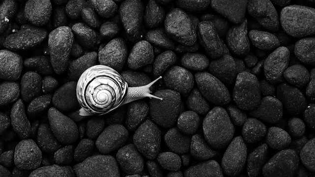 A snail is crawling on black pebbles. Gastropod with a spiral shell among the stones. Nature scene with invertebrate and monochrome palette.