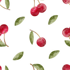Pattern watercolor illustration cherry berries with green leaves hand drawn. Seamless print in vintage style on isolated background for design textiles, fabrics, packaging, clothes, postcard packaging