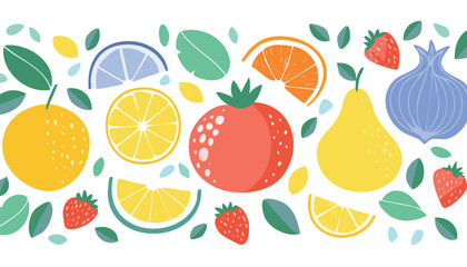 Collection hand drawn colorful abstract fruits, leaves and flowers. Natural tropical fruits. Strawberry, peach, lemon, pomegranate, fig, orange. Vector,colours, graphic, harvest, drawing, drawn,