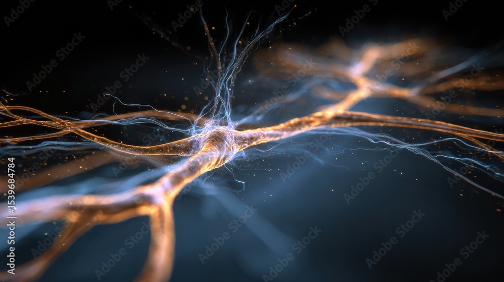 Poster Visual Representation of Neural Pathways Illuminated by Light Trails Against a Dark Blue Background