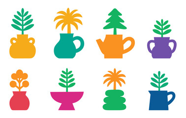 Vector icon set of colorful potted plants in creative vases, jugs, and pots. Perfect for decor, gardening, indoor plants, and botanical themed design projects and illustrations.