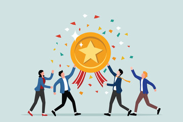 Team achievement, quality employees, teamwork to help common success, best quality service award, high performance staff concept, businesspeople celebrate high quality badge achievement.