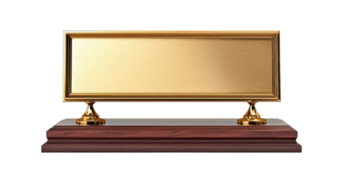 Shiny gold plaque on wooden base, perfect for awards and recognition. It exudes elegance and prestige