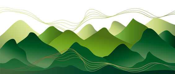 Mountain landscape background with line art pattern. creative minimalist modern art print. mountains, hills and forest. use for print art, poster, cover, banner