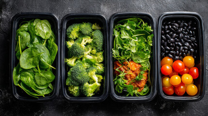 Fresh spinach, broccoli, arugula, cherry tomatoes, and black beans are neatly arranged in black plastic containers, showcasing healthy meal prep