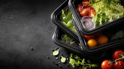 Fresh vegetables in stacked black food containers, showcasing vibrant colors and healthy ingredients, perfect for meal prep and organization