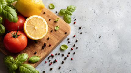 Fresh lemon, tomato, and basil on wooden cutting board create vibrant and inviting kitchen scene, perfect for culinary inspiration