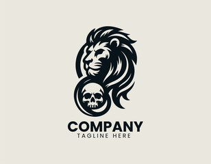 Fototapeta premium A fierce lion head combined with a detailed skull in a bold symmetrical vector logo design for powerful branding