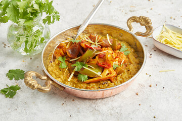 Dal vegetable masala in traditional Indian pan
