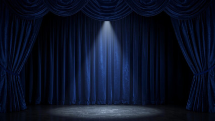 Elegant stage featuring blue velvet curtains and a spotlight against a rich velvet background