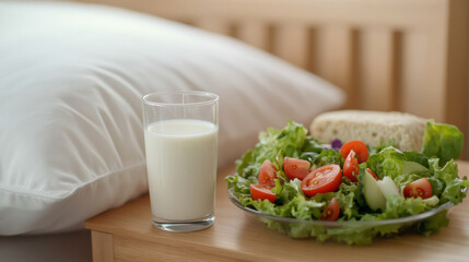 Fresh salad and warm milk on wooden nightstand with soft pillow, healthy sleep diet concept, balanced nutrition for good night rest, wellness and self care lifestyle.