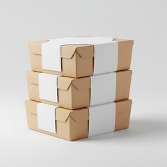 Obraz premium set of 3 boxed meals stacked with blank labels, side view , isolated on white background