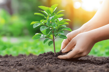 Hands planting a small tree sapling in soil, with green background