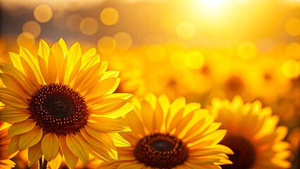 Obraz premium Golden sunflower field glowing in sunset light with bright petals and dreamy bokeh, warm summer landscape 