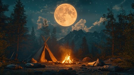A serene night scene depicts a teepee and campfire nestled in a forest clearing, bathed in the warm glow of a large full moon, with mountains silhouetted against the starry night sky