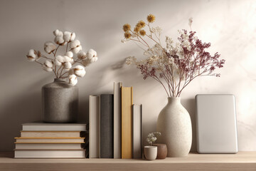 Books, vases with dried flowers, ceramic mug and tablet on wooden shelf. Minimalist home interior decor