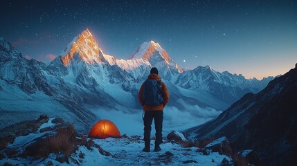 A lone hiker, silhouetted against a vibrant sunset, stands on a snow-covered mountain ridge overlooking.