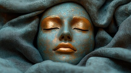 Close-up of a serene face, eyes closed, covered in teal and gold metallic paint, nestled within a soft, teal fabric. The paint has a textured, slightly aged appearance