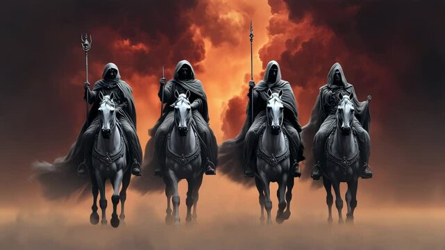 Four cloaked riders on black horses ride forward through swirling red mist under an apocalyptic sky, heads bowed and weapons raised from the Book of Revelation in the New Testament of the bible.