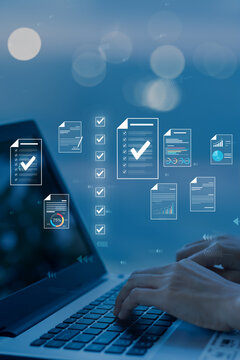 Document management concept, check electronic documents on digital documents on virtual screen Document Management System and process automation to efficiently document paperless operate