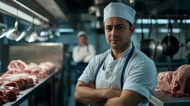 Confident male chef in a professional kitchen with raw meat. - Powered by Adobe