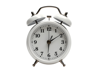 White Retro Analog Alarm Clock Showing Two Oclock Twin Bell Design Isolated on a transparent background
