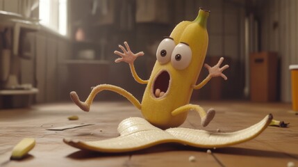 Cartoon banana slipping on its peel