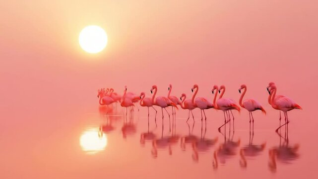 A flock of flamingos wading in the water at sunset. Beautiful pink birds standing in a row against the bright sun. Serene scene of wildlife in nature.